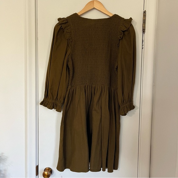 MADEWELL Lucie V-neck Smocked Olive Green Mini Dress w/ Ruffle | women’s small - Picture 3 of 14